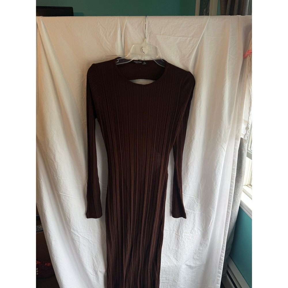 Vintage Nasty Gal Brown Ribbed Open Back Twist Maxi Dress Long Sleeve Size 8